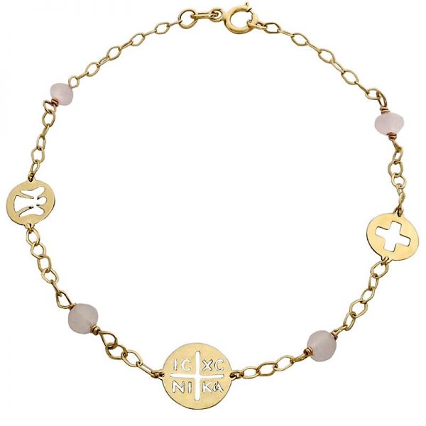Bracelet ICXCNIKA,angel,cross with pink beads