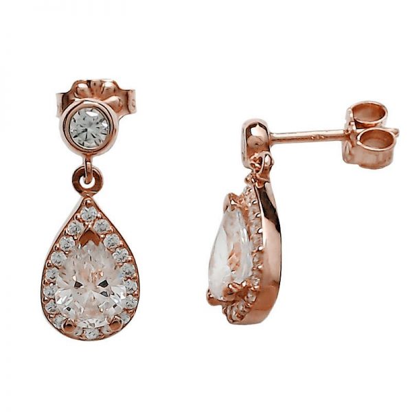 Pink gold earrings rosette tear & solitaire
