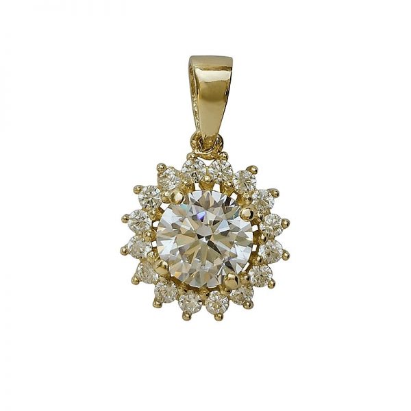 Round gold rosette pendant with white stones