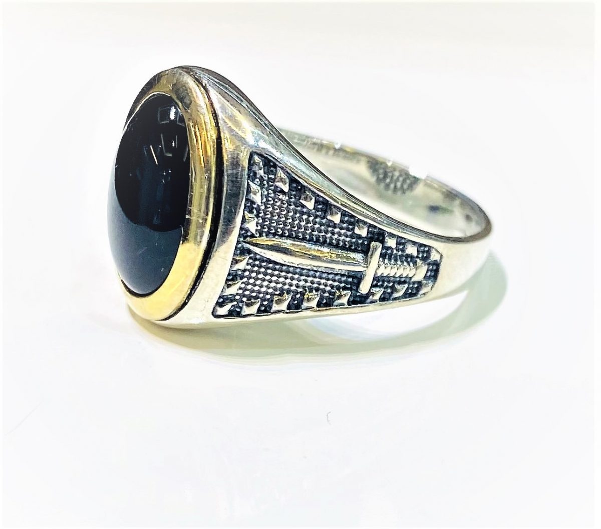 Silver Ring with black stone & sword